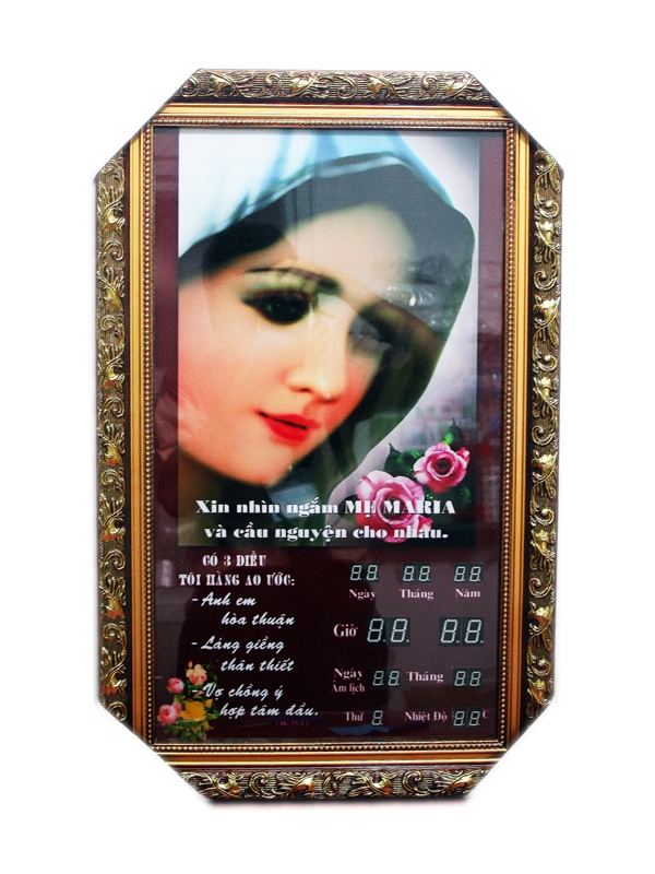 358. Ảnh điện Đức Mẹ hoa hồng + đồng hồ (30*55)cm